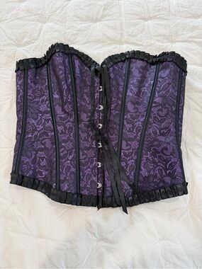 Purple Black Lace Corset Bustier Gothic Victorian Whimsigoth Lace Up Ruffle Sz M